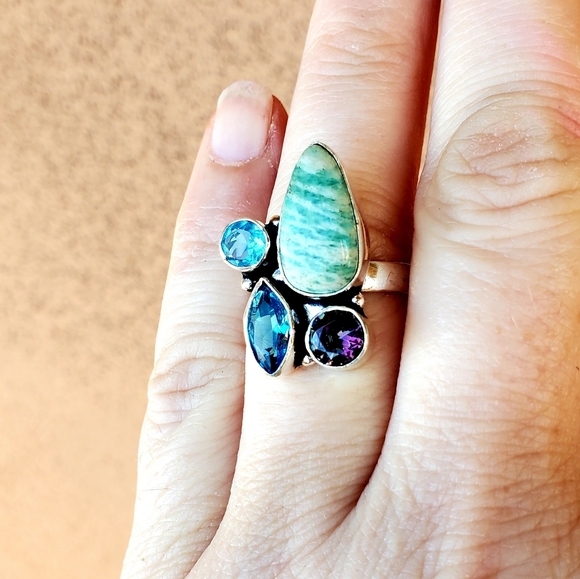 New Amazonite, Blue Quartz, Mystic Topaz 925 Silver Ring. - Picture 14 of 14